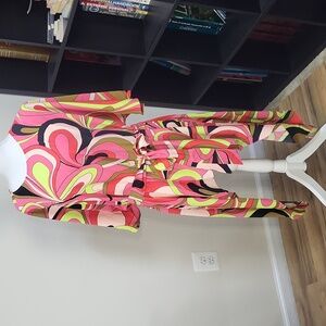 DAVID David Meister Pink Green 70s Style Tie Front Drama Waist Tie Tunic